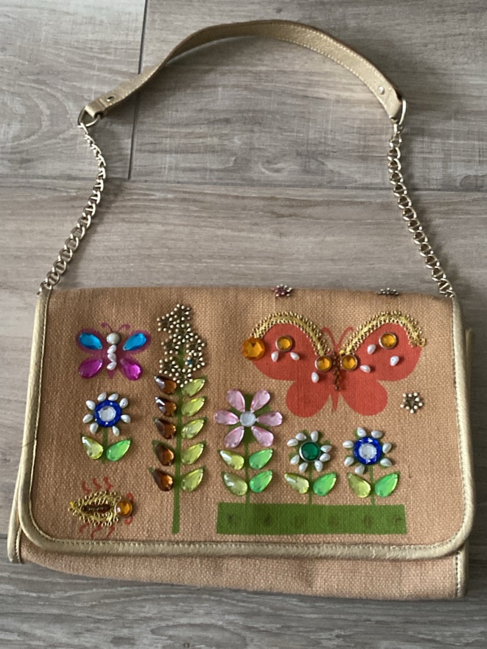 Kate Spade Beaded Butterfly & Floral Embellished Shoulder Bag - Gold Trim, Beige